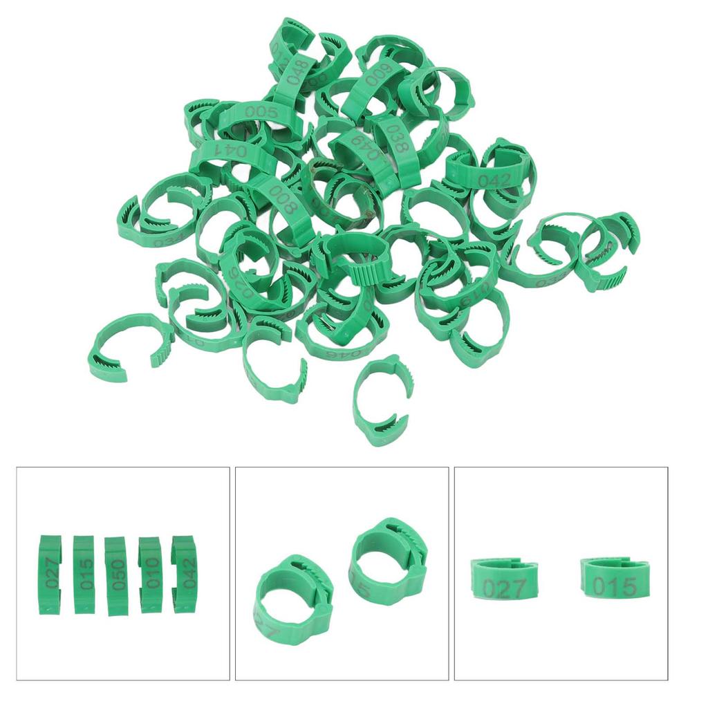 50pcs Bird Leg Rings Numbered Chicken Identification Bands for Bantam Finch Lovebird Quail Small Poultry Green