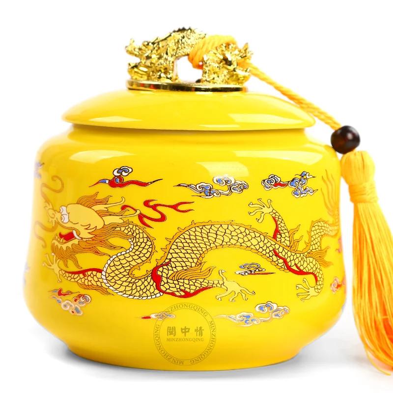 Ceramic Tea Pot with Lid Wedding Gift Red Gold Dragon Green Tea Candy Chinese Medicine Sealed Storage Tank Tea Bag Storage Box