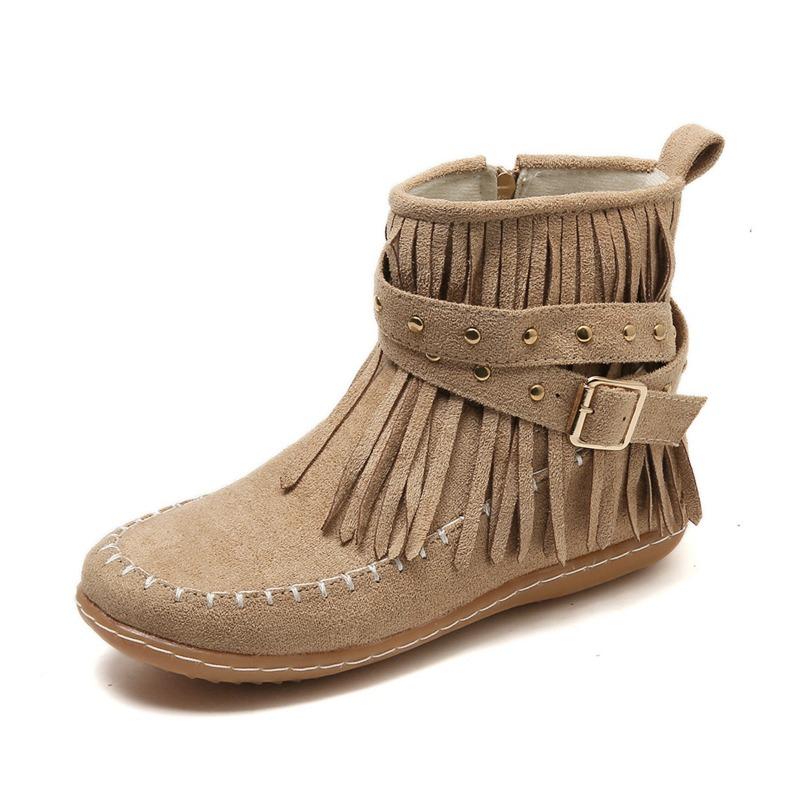 Women's boots short boots autumn and winter new large size rivet flat bottom fringed boots children