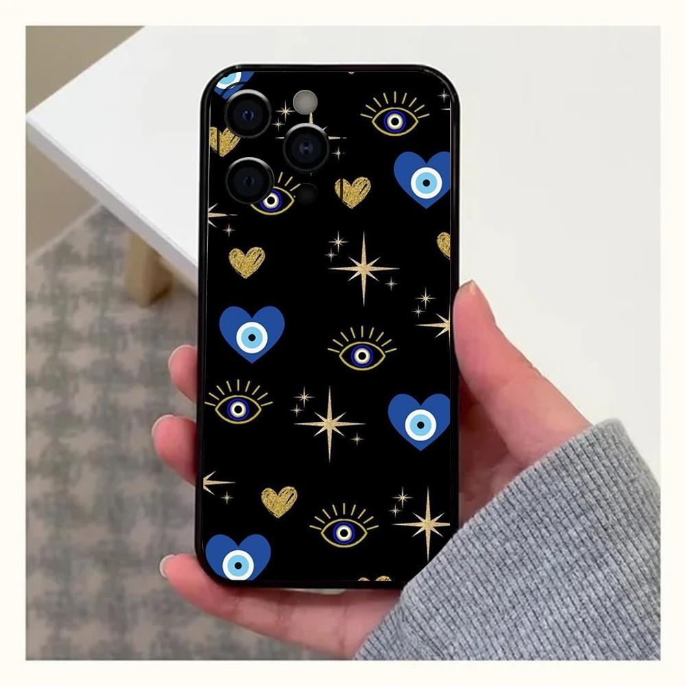 Custodia per Telefono Occhio Malvagio Blu Fortunato Per Apple iPhone 15,14,13,12,11,Pro,X,XS,Max,XR,Plus,Mini Cover Nera Morbida
