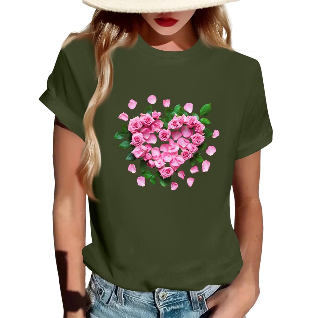 Women's Fashionable Round Neck Casual Retro Print Short Sleeved T-shirt Top
