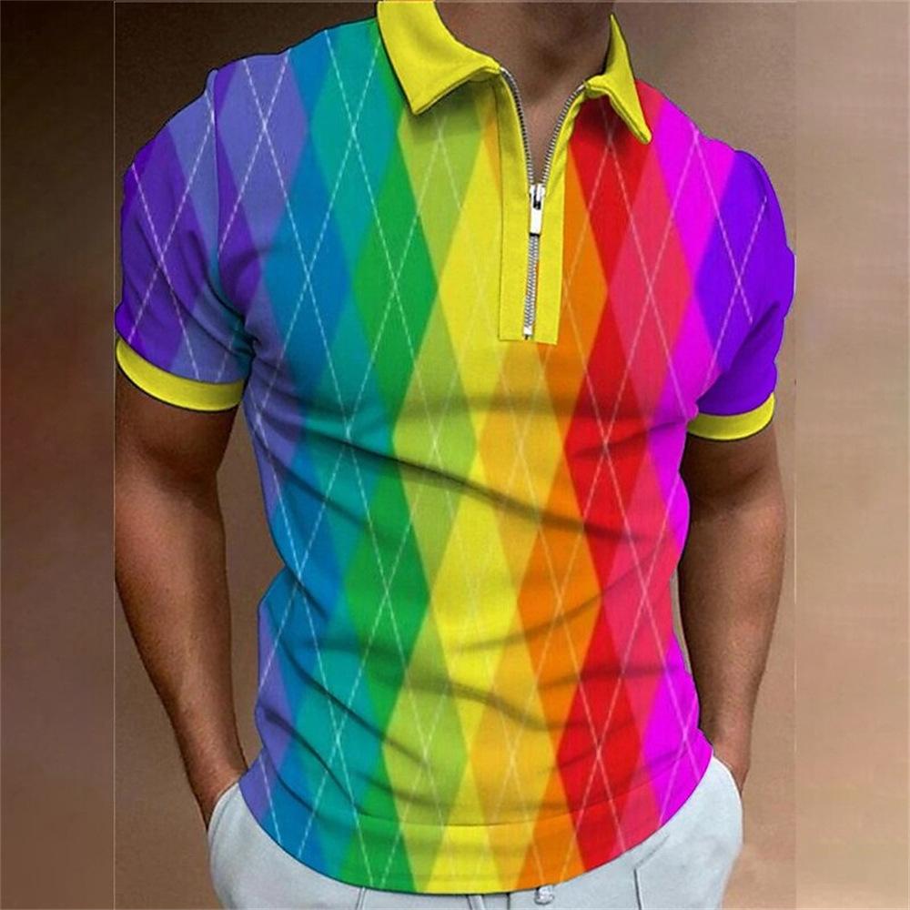 3D Cubic Print Short Sleeve Polo Shirt with Zipper, Trendy Casual Top