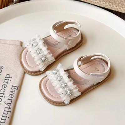 Sandalo da Bambina Dolce Pizzo Pieghettato Bambino Estate Principessa Sandali Bassi Moda Perla Bambini Casual Matrimonio Festa Abito Sandali