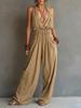 Damen Neckholder Jumpsuit mit weitem Bein Unifarben Tasche Lässiger lockerer Schnitt Rückenfrei Strampler