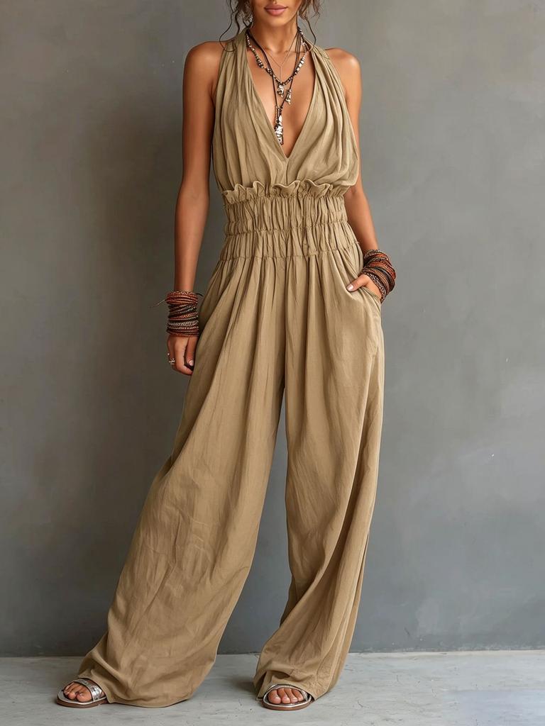 Damen Neckholder Jumpsuit mit weitem Bein Unifarben Tasche Lässiger lockerer Schnitt Rückenfrei Strampler