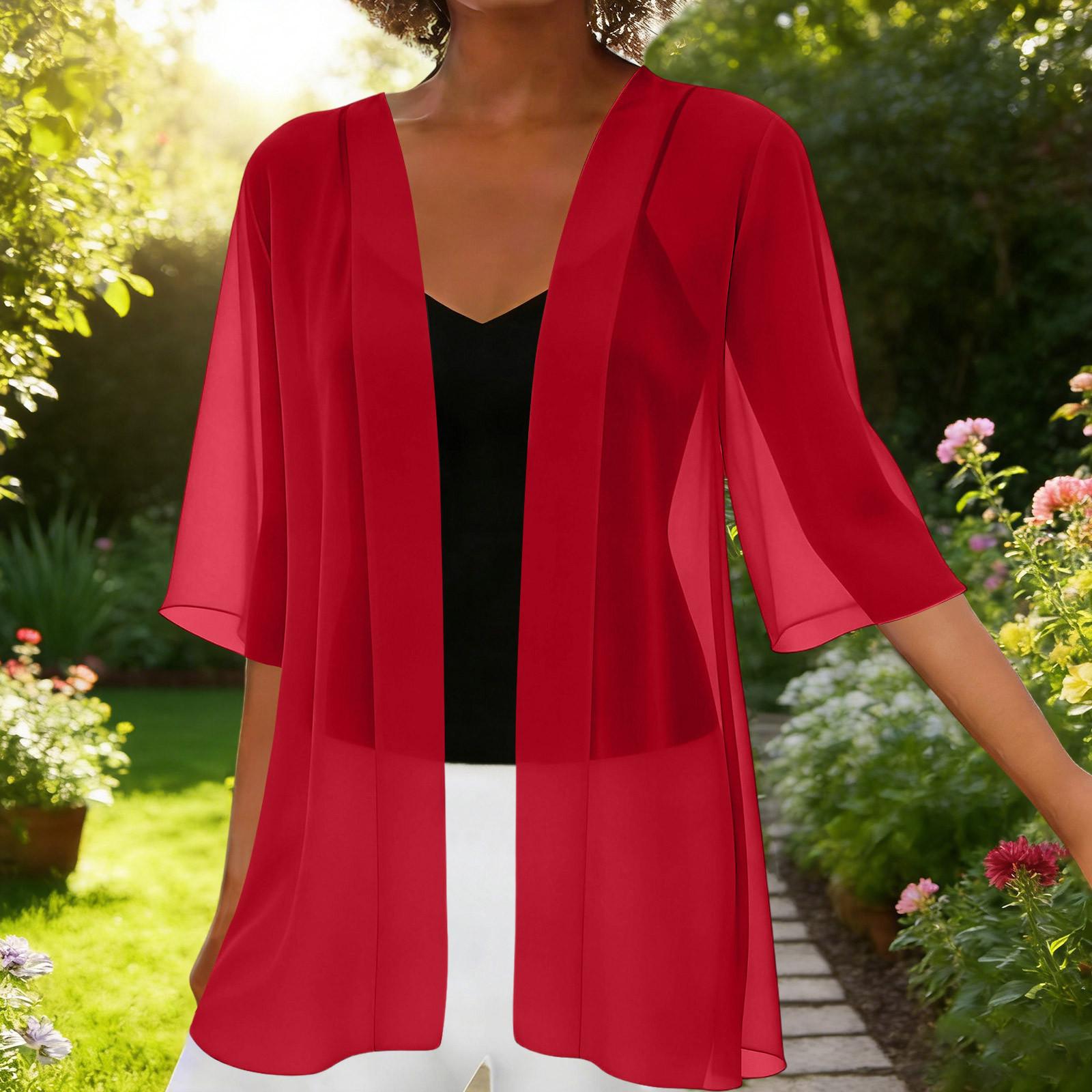 Heima E Dames Chiffon Korte Vest Lichtgewicht Open Voorkant Cover-up Zonbescherming Sjaal Casual Bovenkleding M rood