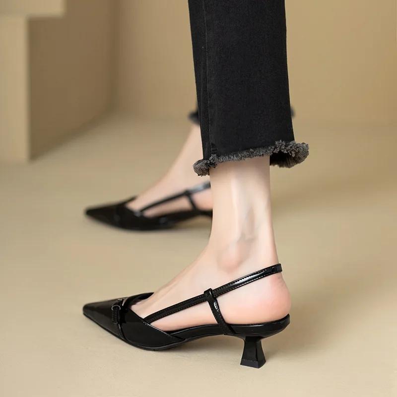Fashion 2024 New Summer French Wine Red Pointed Patent Leather Mid-heel Overhead Sandals for Women Retro Skinny Heel Back Empty Shoes