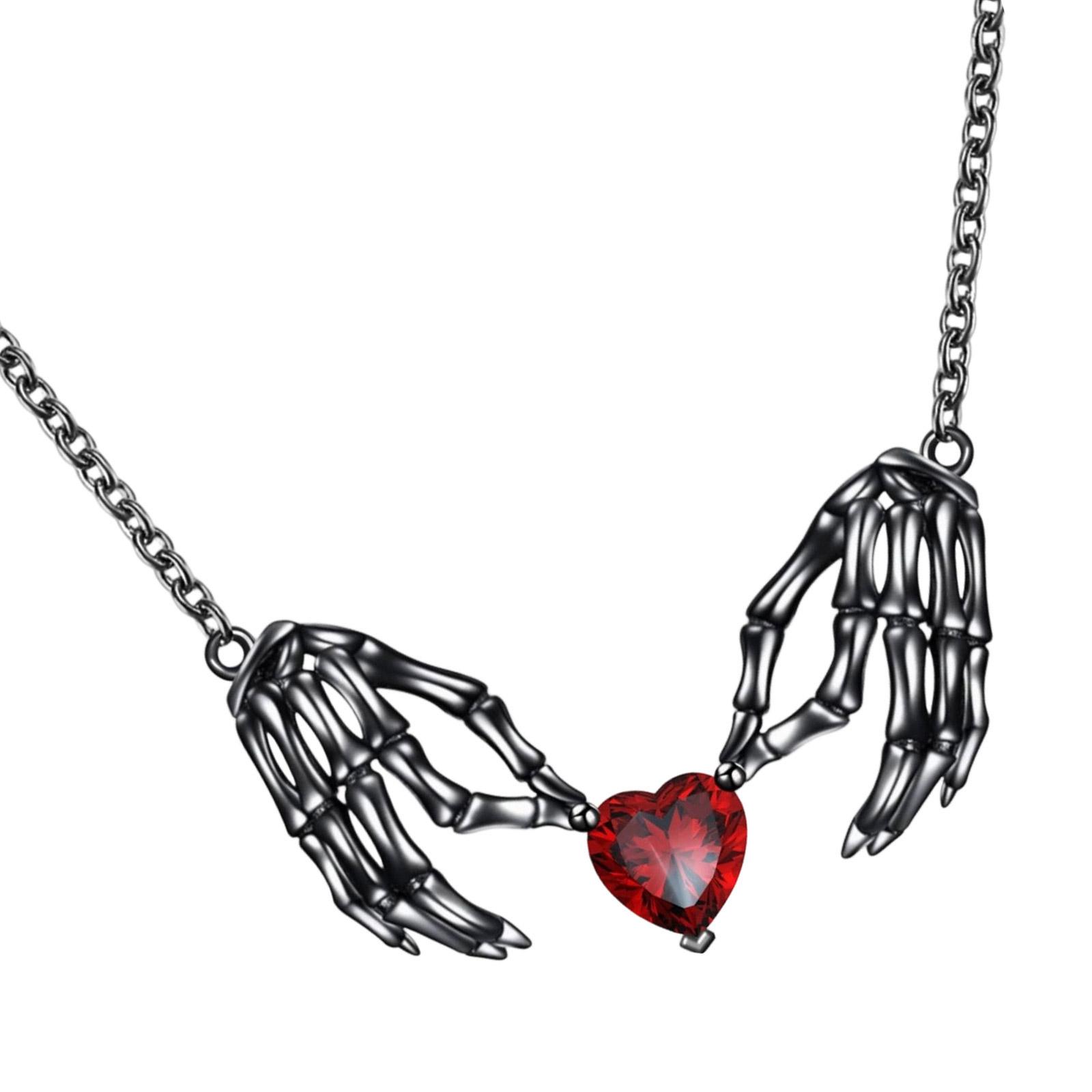 Halloween Bat Wing Heart Pendant Necklace Gothic Style Skull Hand Jewelry Women Dark Fantasy Fashion Neckchain