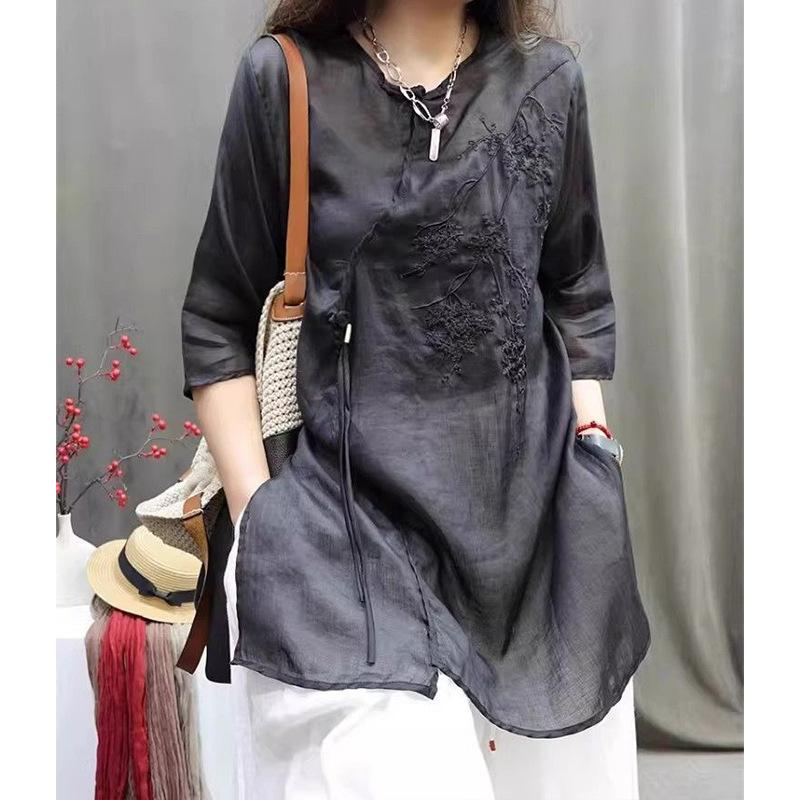 Women Chinese Style Embroidered Cotton Linen Mid Sleeve Pullover Long Shirt M чёрный