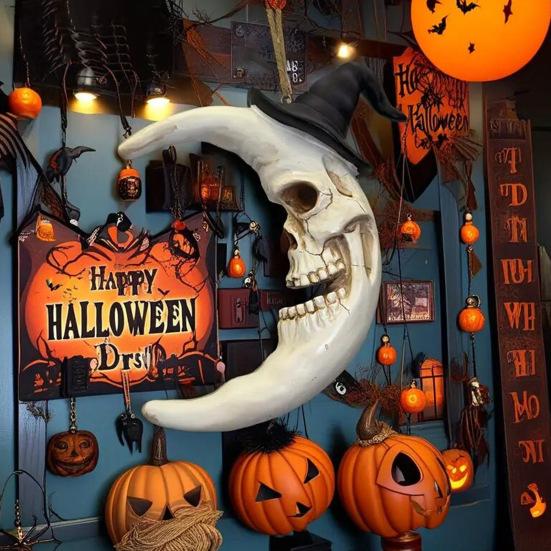 Skull Crescent Pendant Halloween Moon Hanging Decoration Gothic Resin Moon Pendant Wearing Wizard Hat for Wall Door Porch Decoration