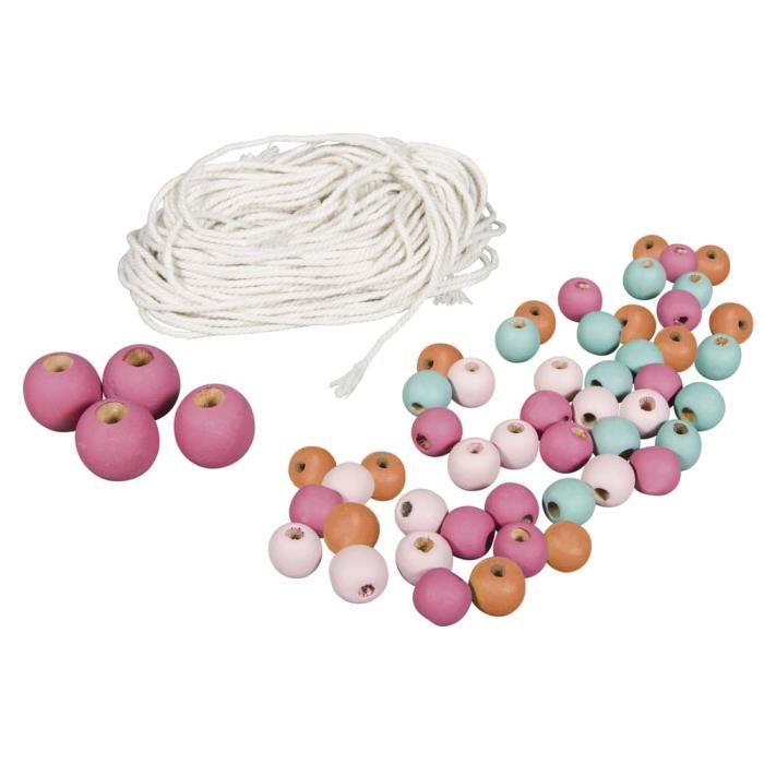 Kit macramé - Rayher - Multicolore - 48 perles en bois - 4 perles roses - Fil inclus