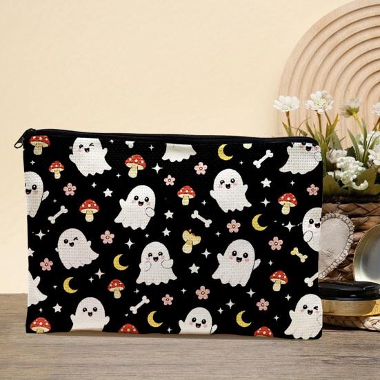 Student Stationery Pencil Pouch Cosmetic Bag, Halloween Pattern Print Makeup Canvas Anti Pilling Bag Zipper Pouch, for Change Data Cable Storage