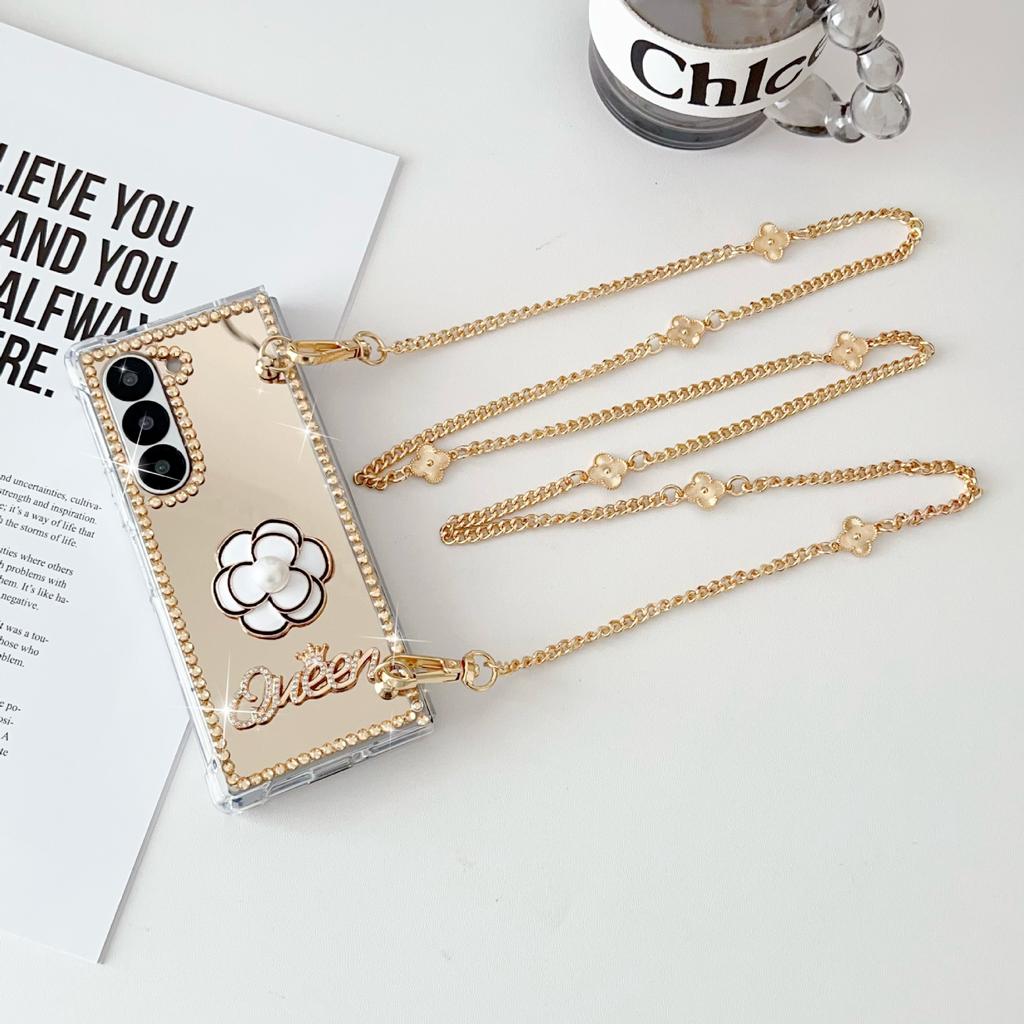 Applicable to Samsung ZFold7 mirror folding mobile phone case zfold5 oblique span chain camellia rhinestone mirror protective case female