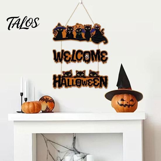 Halloween Wooden Sign Door Sign, Black Cats Broom Front Hanger, Rustic Multi-layer Polished Wood Hanging Welcome for Home Window Wall Party