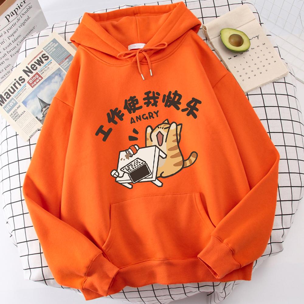 Fat Cat Slogans Work Is My Joy Clothing Casual High-Quality Hoodies Cartoon Fashion Hoody Daily Leisure Women's Sweater