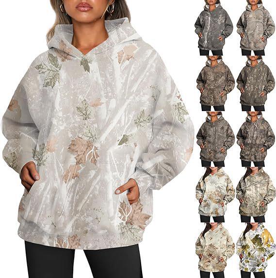 

Women s Oversized Camouflage Hoodie with Maple Leaf Print and Pocket 3XL