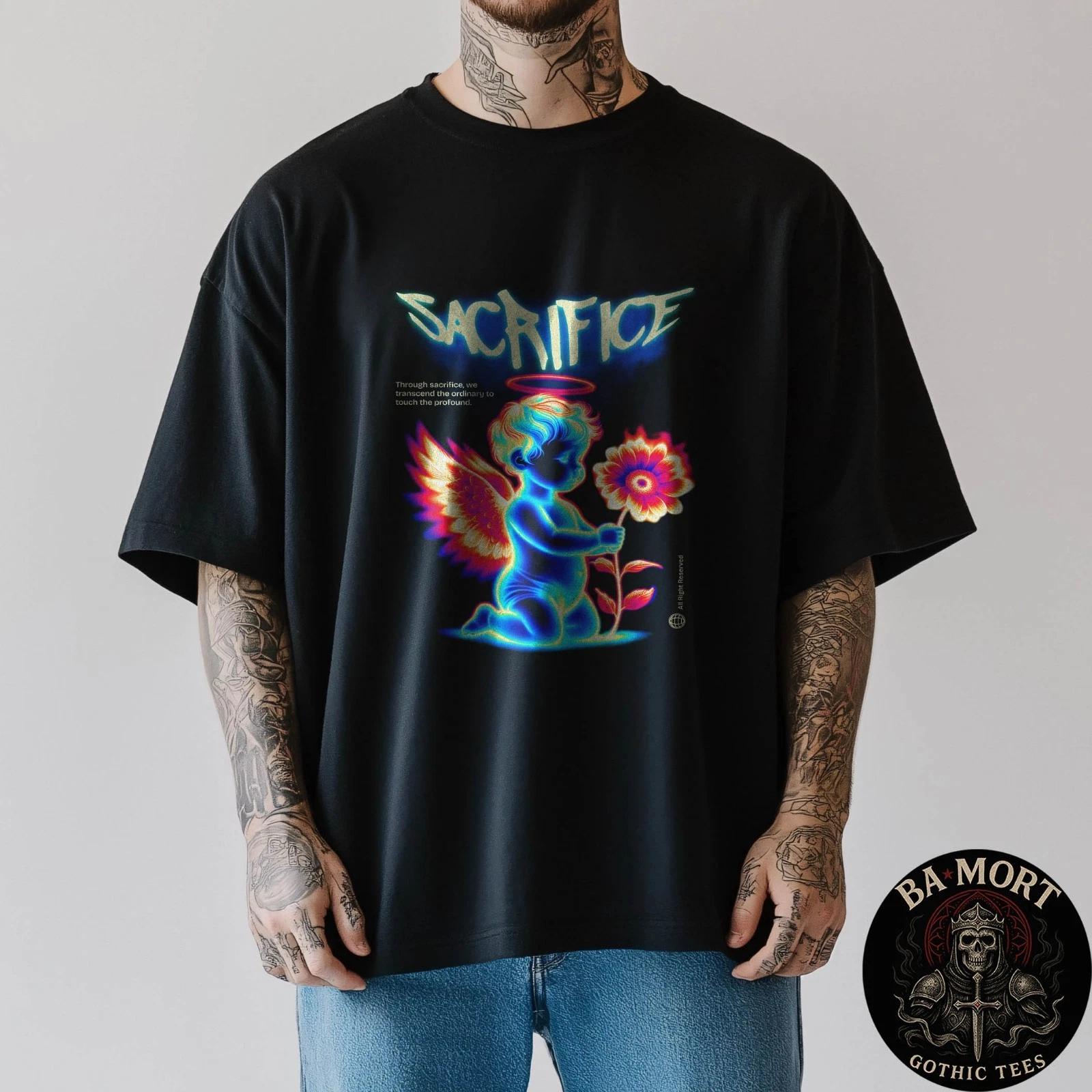 Sacrifice Angel Neon Graphic Vaporwave 100% Cotton T-shirt Mens Tees Top M
