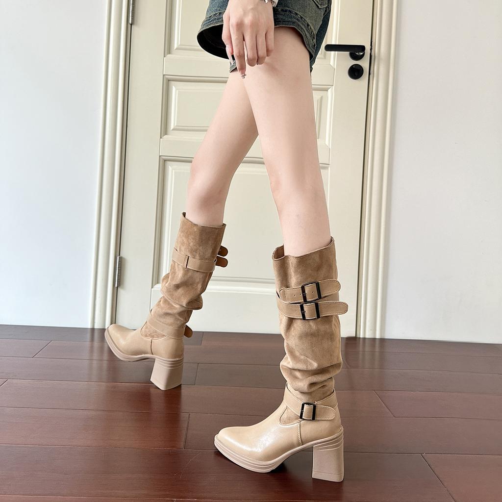 Autumn and winter new pants boots long boots stacking boots thick heel knight boots female spice girl belt buckle high heel high boots