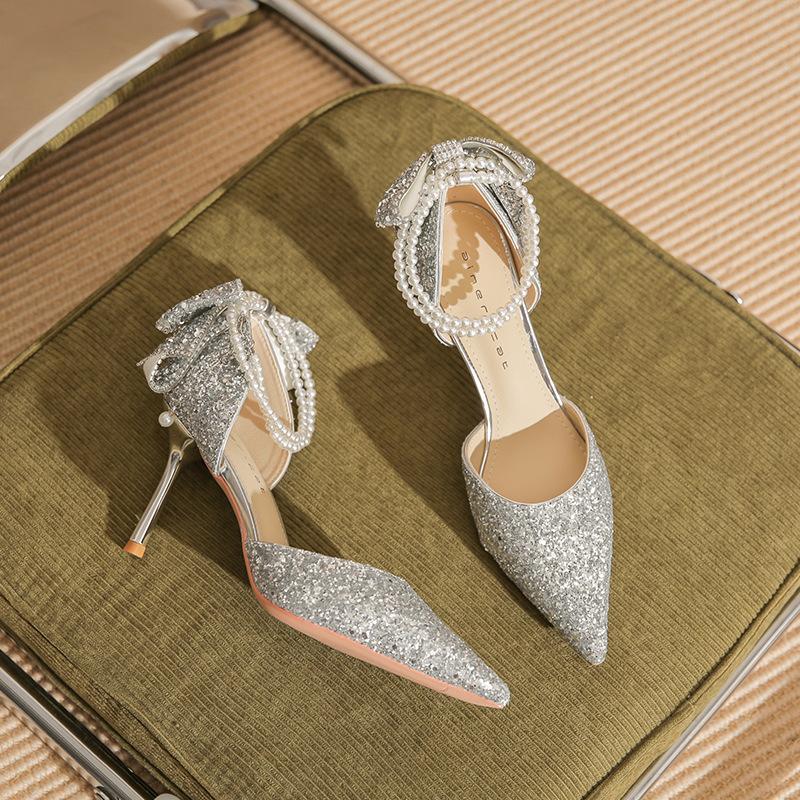 82326 High Heels Damen Stiletto 2025 Frühling Neu Silber Kristall Hochzeitsschuhe Spitz Strass Schleife Einzelne Schuhe