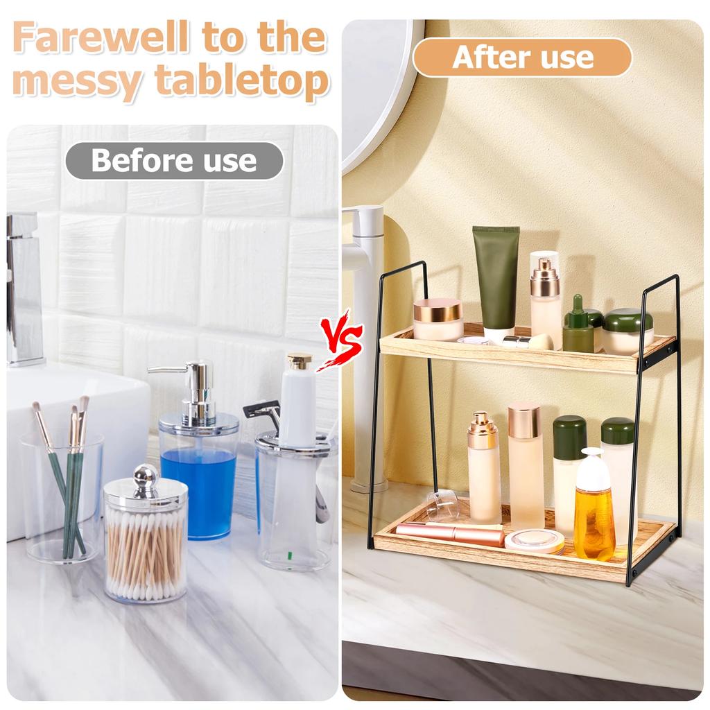 2-stufiges hölzernes Badezimmer-Organizer-Regal Waschtisch-Arbeitsplatte Kosmetik-Ablageregal Große Kapazität Desktop-Kleinteile Aufbewahrungshalter
