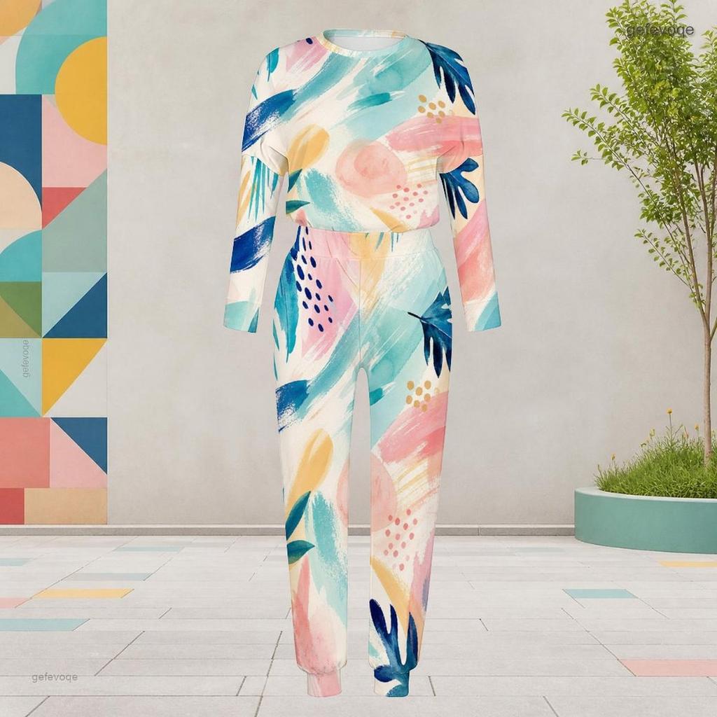 Women Plus Size Round Neck Long Sleeve Printed Two Piece Set Cuffed Top Cuffed Pants With Pockets