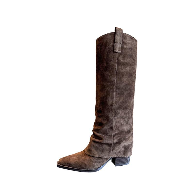 Super Fire Boots Women's Thick Heel Pants Boots But Knee Brown Maillard Western Cowboy Knight Boots