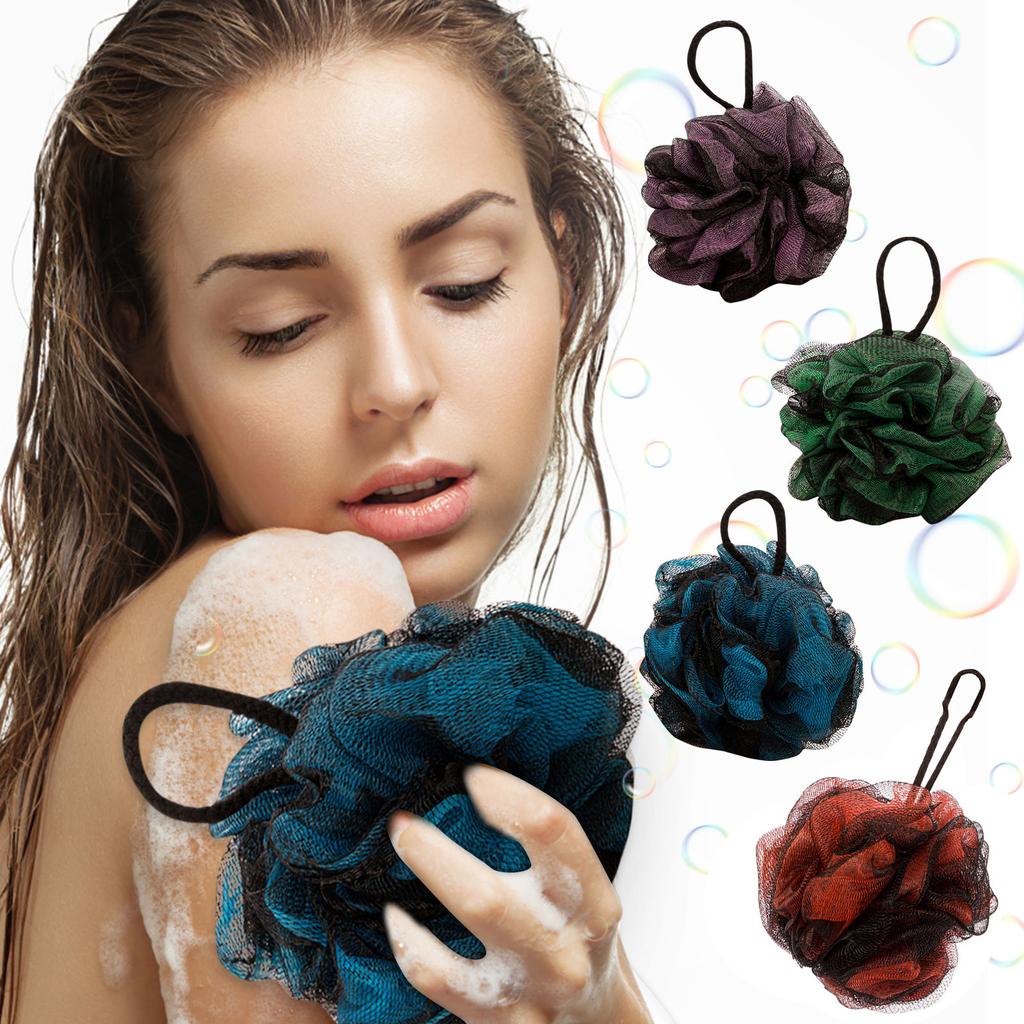 Set of 4 Bath Shower Poufs with Hanging Loops Mesh Body Scrubber Exfoliating Shower Sponge for Daily Bathing and Skin Cleansing