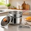 Round Deep-Frying Pot with Formed Body, Perforated Draining Basket, and Food Tongs for Handling Kitchen Recipes from Cooking Through Serving