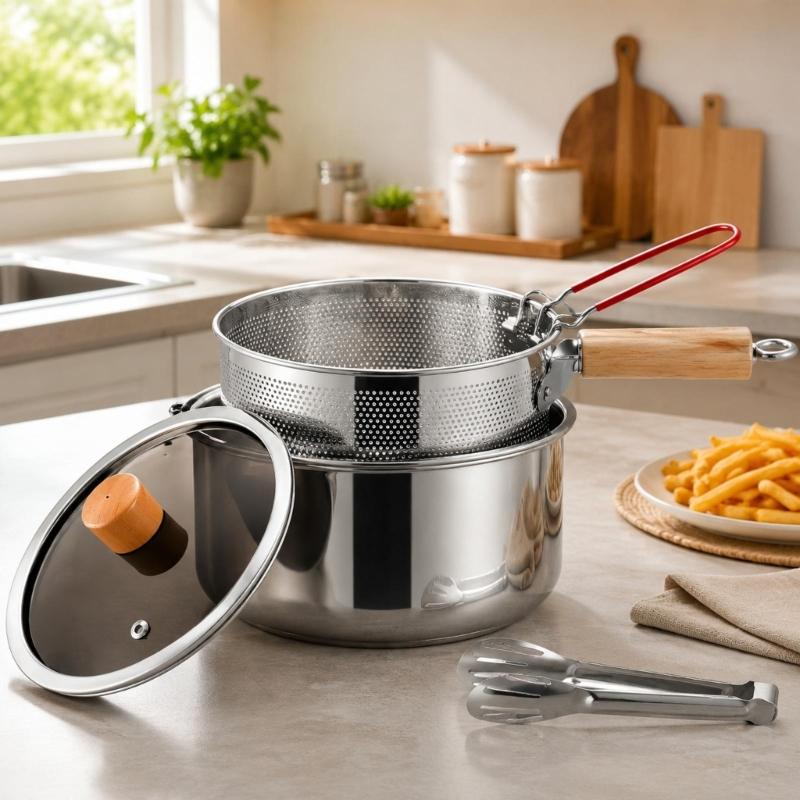 Round Deep-Frying Pot with Formed Body, Perforated Draining Basket, and Food Tongs for Handling Kitchen Recipes from Cooking Through Serving