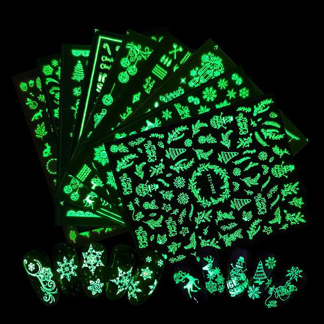 

9 шт. Різдвяні наклейки для нігтів Наклейки Nail Art Декорація Зима Сніжинка Сніговик Санта Клаус Червоний Зелений Рожеве золото Світиться