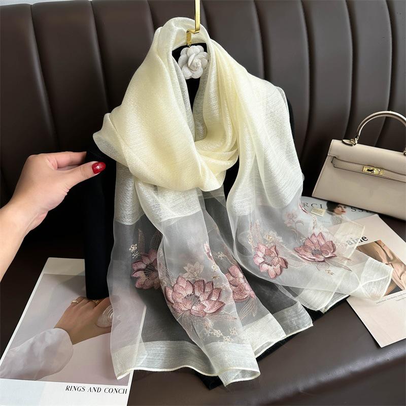 Hand-Embroidered Mulberry Silk Scarf - Elegant Spring & Autumn Shawl