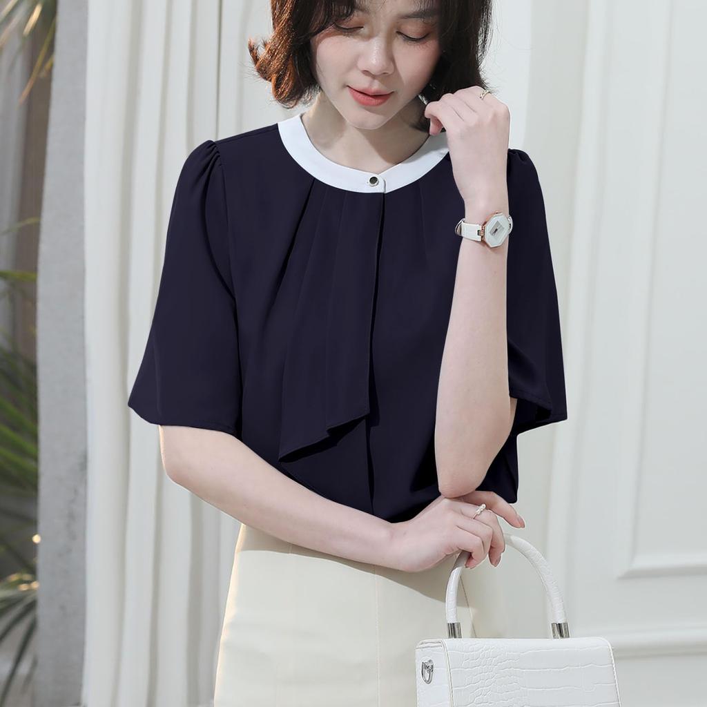 Sueeya Bowtie Short OL [Sueeya] Blouse, Style, Women's Shirt, Bicolor, Sleeve, Top, Slimming, Women, Stylish, Elegant, Cute, Casual, Business, Office,