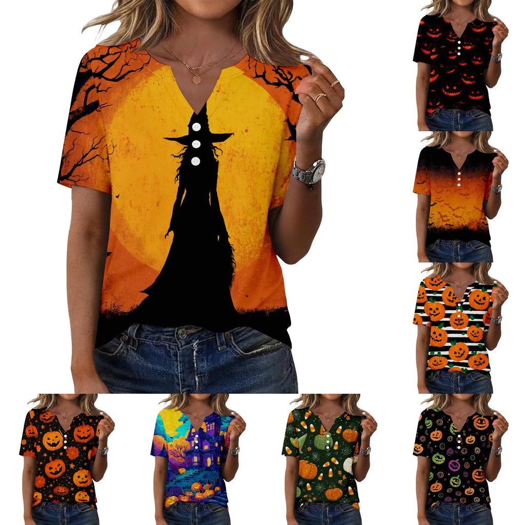 Camiseta casual de manga corta con cuello en V para mujer con botones decorativos Estampado de calabaza de Halloween Top para uso diario