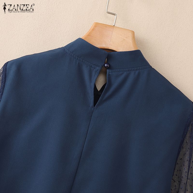 ZANZEA Women Casual Stand Collar Loose Sheer Mesh Splice 3/4 Sleeve Blouse