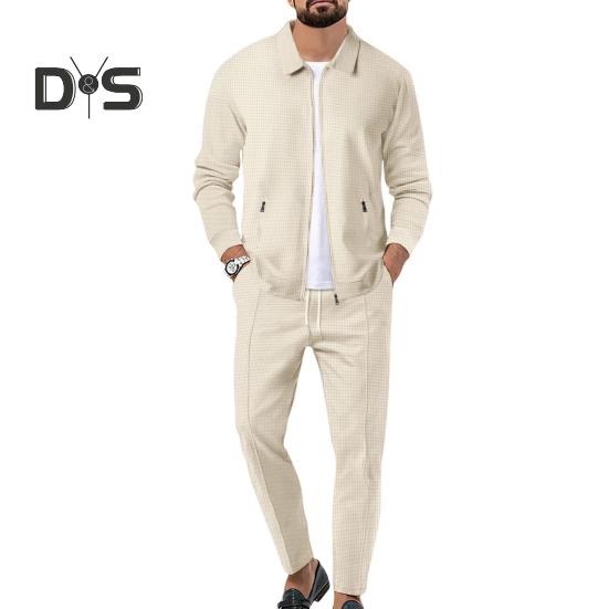 

2 шт./компл. мужской осенний костюм с лацканами, длинным рукавом, застежкой-молнией, кардиганом, эластичным шнурком на талии, длинными брюками, повседневная одежда с вафельной текстурой XL хаки