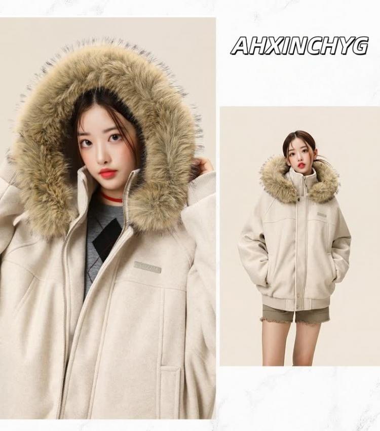 Men's Winter Wool Coat with Large Fur Collar - Mountain Eagle Hooded Heavyweight Jacket