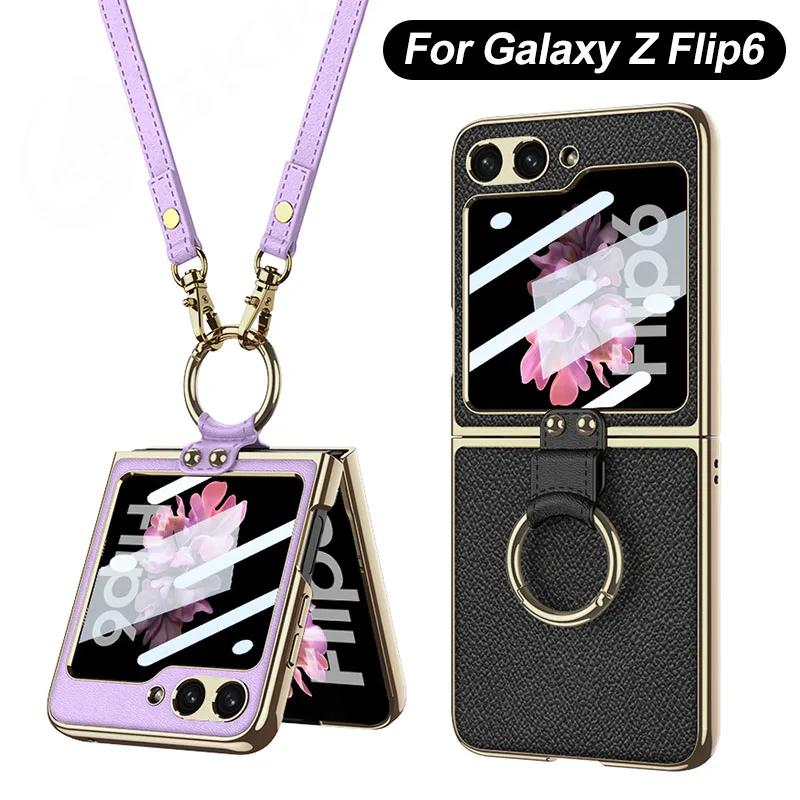 Luxury Plating Leather Shoulder Strap Case For Samsung Galaxy Z Flip 6 Screen Glass Ring Holder Cover For Galaxy Z Flip 5 Cases