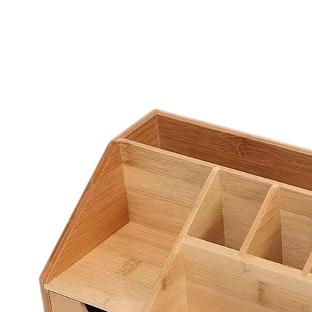Desk Organizer Wood Pen Holder Portable Compartment with Drawer Remote Control for Office