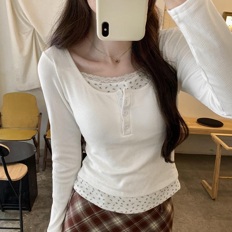 Pure Desire Lace Low-necked T-shirt Women's Early Spring Break Two Bm Floral Bottoming Shirt with Short Top Inside