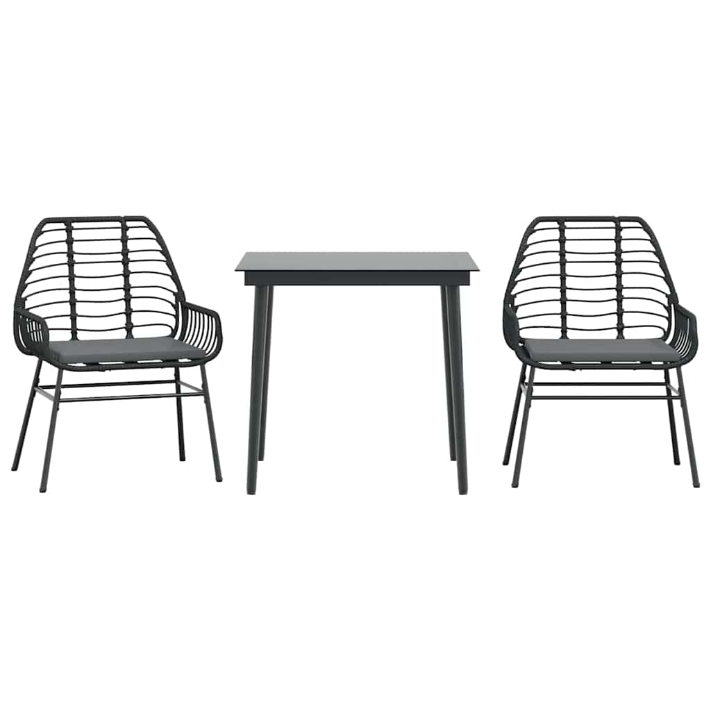 3 Piece Outdoor Dining Set with Cushions Black Poly Rattan & Glass