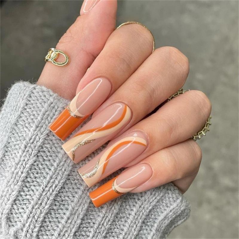 24 Pcs Autumn Winter False Nail Striped Artificial Nail French Tip Stick On Nail Glittering Press On Nail for Woman