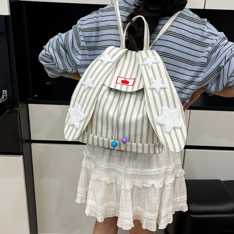 Schoolbag Korean version ins simple vertical stripes contrasting colors star bag creative niche rabbit ears women's backpack trend backpack