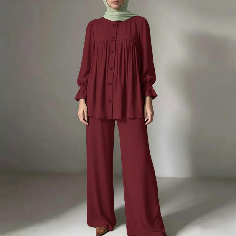 ZANZEA Damen Langarmbluse und Lange Hose Lässige Zweiteiler Anzug Sets 3XL wein rot