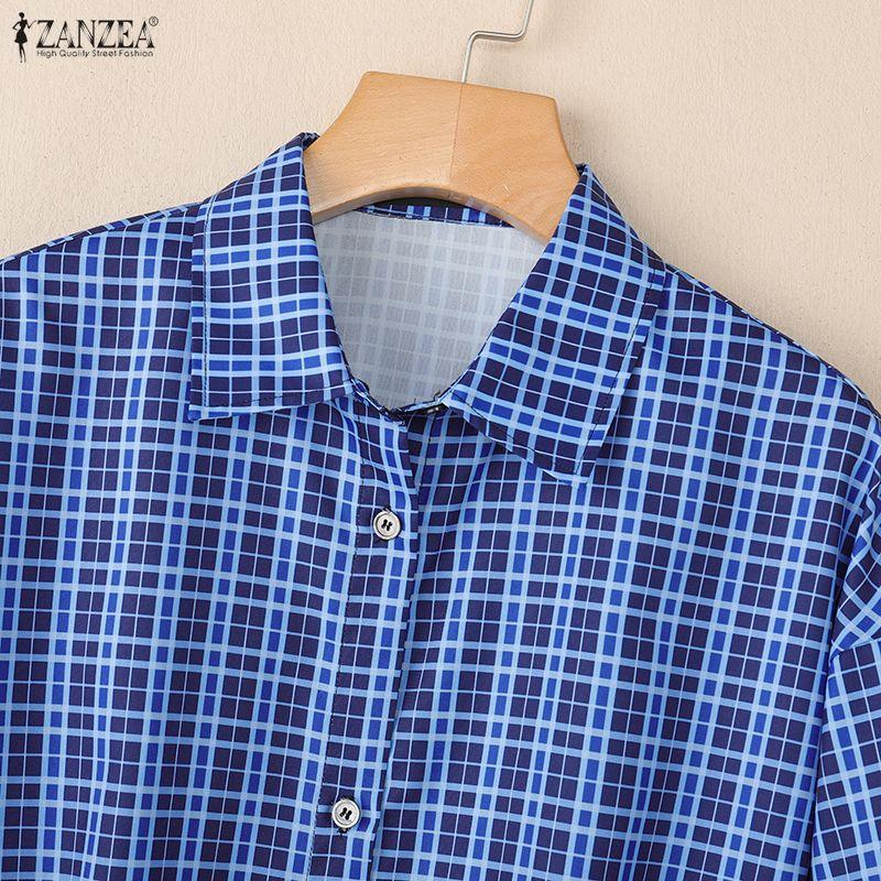 ZANZEA Women Casual Turn Down Collar Long Sleeve Plaid Print Loose Blouse