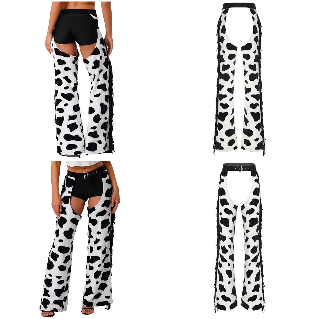 Womens Cow Spot Pattern Flannel Long Pants - with Side Tassel, Adjustable Waist, Open Crotch for Biking Riding Cowgirl Chaps Halloween Cosplay