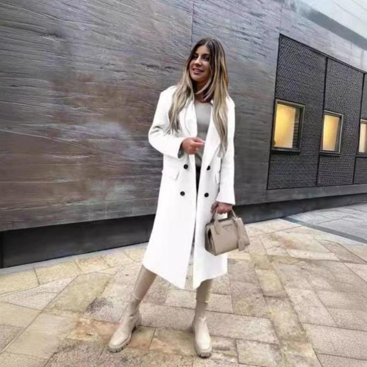 Winter Long Sleeve Women Overcoat Solid Color Lapel Button Design Mid Length Coat with Pockets Outerwear