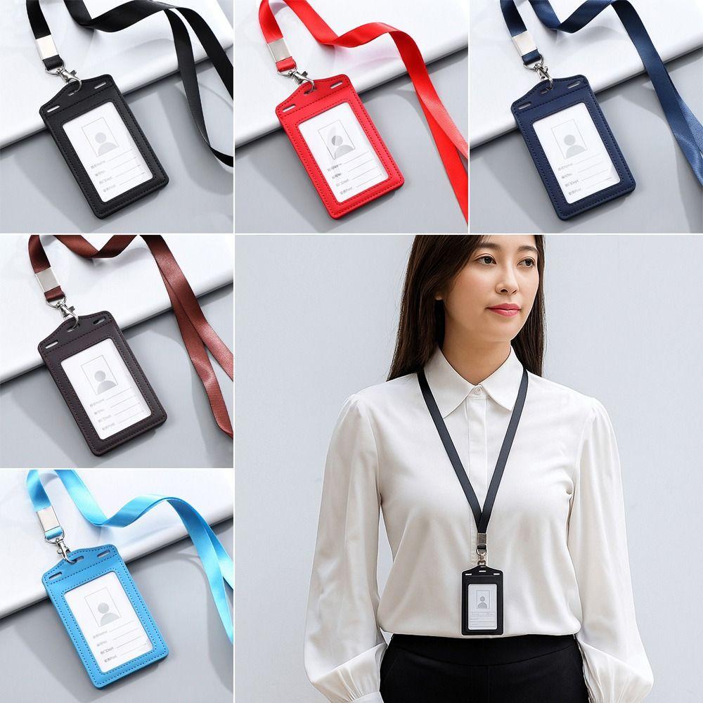 High Quality PU Leather Work Card Holder With Neck Lanyard Solid Color ID Card Cover ID Badge Holders Business