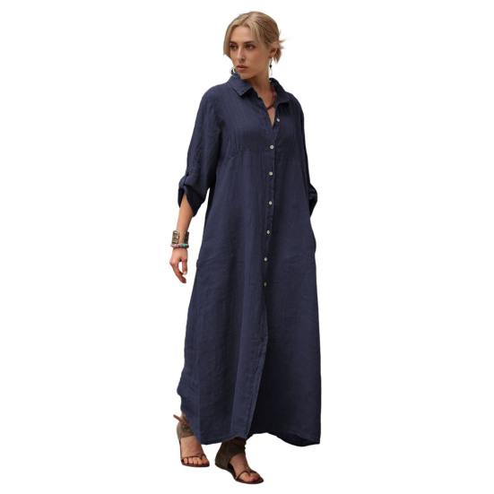 Women's Cotton Linen Shirt Dress Casual Rolled-Up Sleeve Button Dowm Maxi Dress Summer Loose