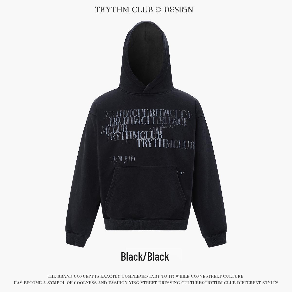 

TRYTHMCLUB Ретро Градиентный Худи со Слоганом Потертый – Хип-Хоп Свободный Крой X-Large чёрный