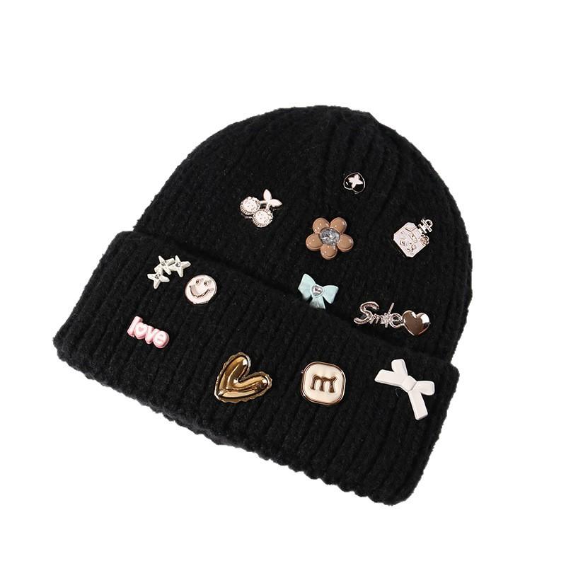 New Autumn and Winter Hat Women's Multi Button Thick Thread Knitted Woolen Hat Warm Ear Protection Bag Head Hat Pullover Cold Hat